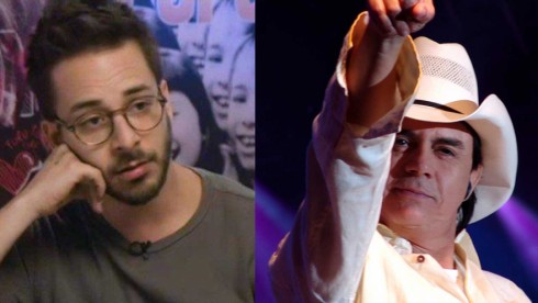 Junior Lima com mão no rosto; Chitãozinho com o braço levantado em show