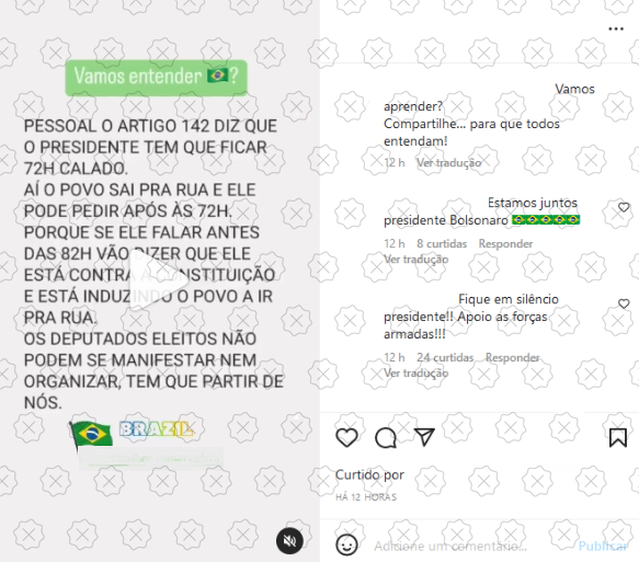 Publicação engana sobre o artigo 142 da Constituição dizer que o presidente deve ficar 72 horas calado depois do resultado das eleições