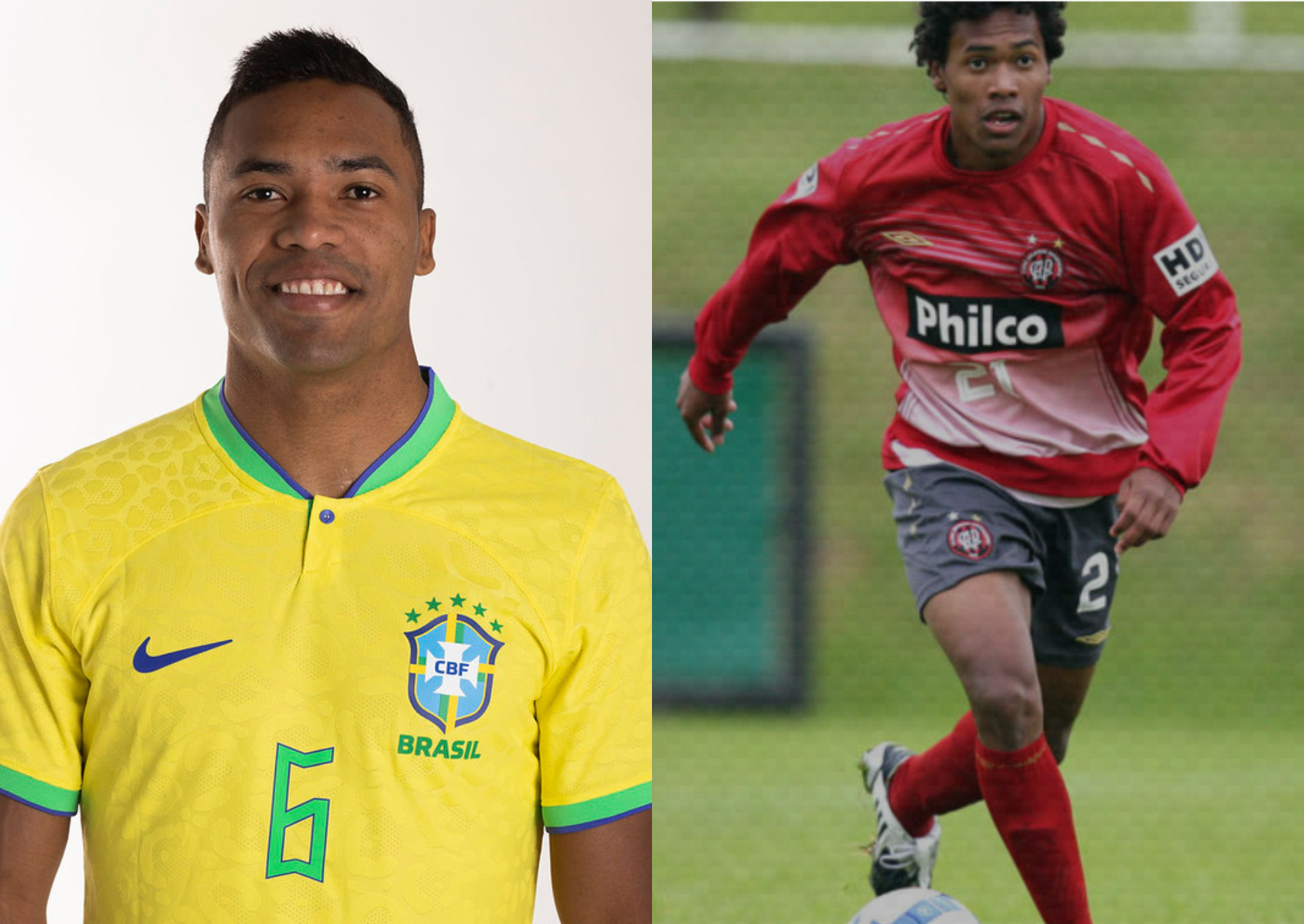 Alex Sandro foi revelado pelo Athletico-PR. Fotos: Lucas Figueiredo/CBF e Arquivo/Gazeta do PovoLeia mais em: https://www.umdoisesportes.com.br/athletico/alex-sandro-athetico-convocado-copa-catar/ Copyright © 2022, Gazeta do Povo. 
